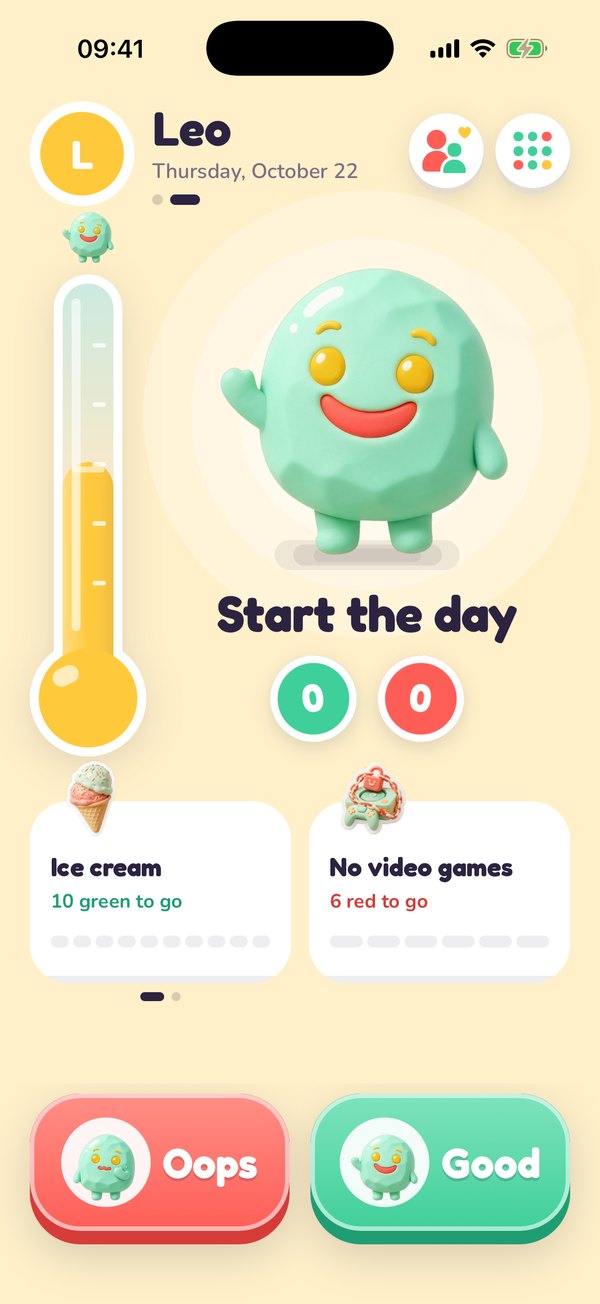 Stikki's main screen with the thermometer and the Oops and Good buttons