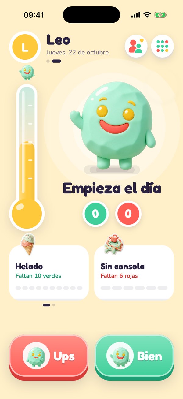 La pantalla principal de Stikki con el termómetro y los botones Ups y Bien
